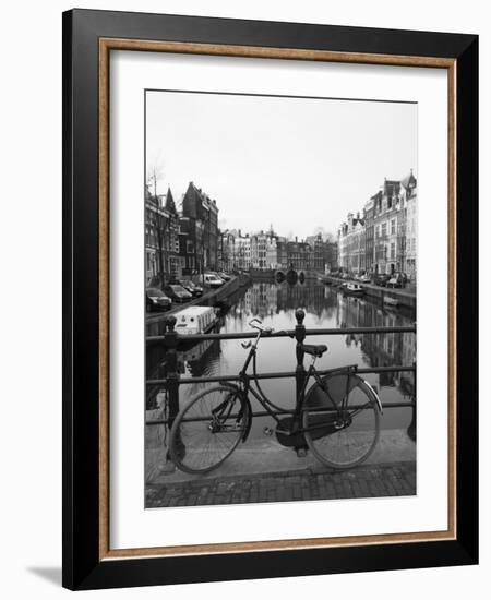 Black and White Image of an Old Bicycle by the Singel Canal, Amsterdam, Netherlands, Europe-Amanda Hall-Framed Photographic Print