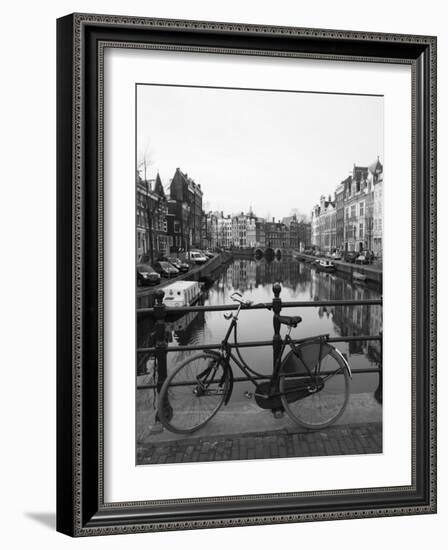 Black and White Image of an Old Bicycle by the Singel Canal, Amsterdam, Netherlands, Europe-Amanda Hall-Framed Photographic Print