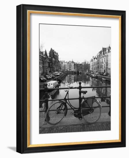 Black and White Image of an Old Bicycle by the Singel Canal, Amsterdam, Netherlands, Europe-Amanda Hall-Framed Photographic Print