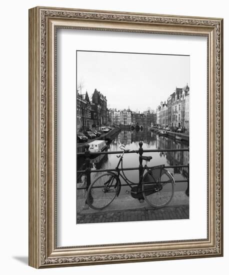 Black and White Image of an Old Bicycle by the Singel Canal, Amsterdam, Netherlands, Europe-Amanda Hall-Framed Photographic Print