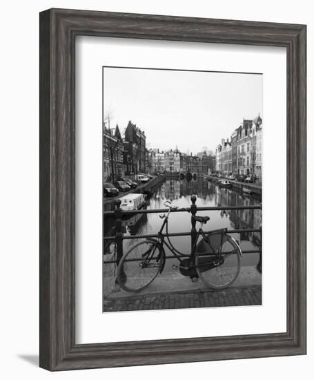 Black and White Image of an Old Bicycle by the Singel Canal, Amsterdam, Netherlands, Europe-Amanda Hall-Framed Photographic Print