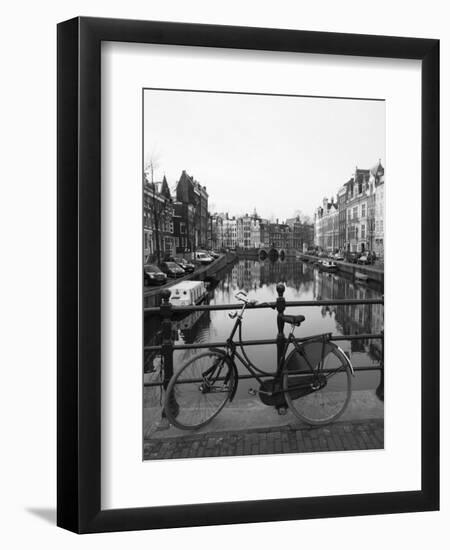 Black and White Image of an Old Bicycle by the Singel Canal, Amsterdam, Netherlands, Europe-Amanda Hall-Framed Photographic Print