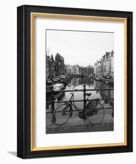 Black and White Image of an Old Bicycle by the Singel Canal, Amsterdam, Netherlands, Europe-Amanda Hall-Framed Photographic Print