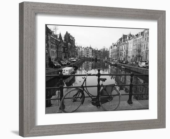 Black and White Imge of an Old Bicycle by the Singel Canal, Amsterdam, Netherlands, Europe-Amanda Hall-Framed Photographic Print