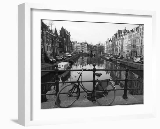 Black and White Imge of an Old Bicycle by the Singel Canal, Amsterdam, Netherlands, Europe-Amanda Hall-Framed Photographic Print