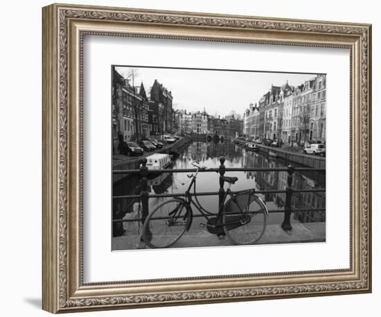 Black and White Imge of an Old Bicycle by the Singel Canal, Amsterdam, Netherlands, Europe-Amanda Hall-Framed Photographic Print