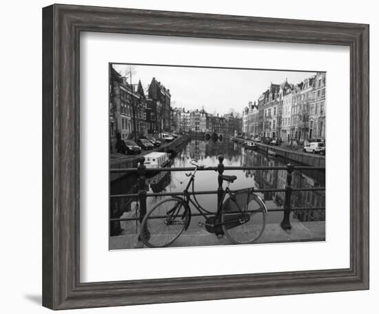 Black and White Imge of an Old Bicycle by the Singel Canal, Amsterdam, Netherlands, Europe-Amanda Hall-Framed Photographic Print