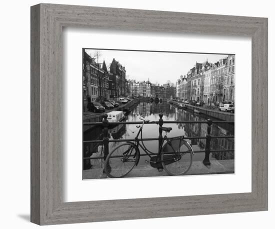 Black and White Imge of an Old Bicycle by the Singel Canal, Amsterdam, Netherlands, Europe-Amanda Hall-Framed Photographic Print