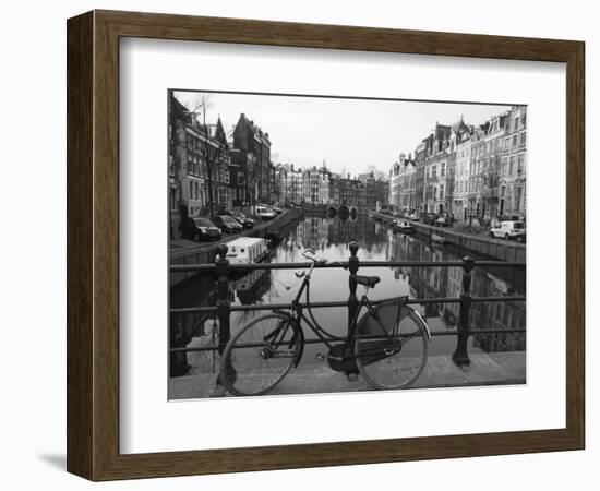 Black and White Imge of an Old Bicycle by the Singel Canal, Amsterdam, Netherlands, Europe-Amanda Hall-Framed Photographic Print