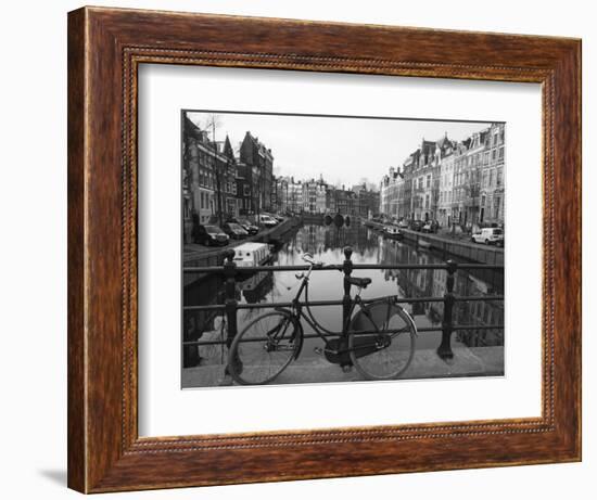 Black and White Imge of an Old Bicycle by the Singel Canal, Amsterdam, Netherlands, Europe-Amanda Hall-Framed Photographic Print