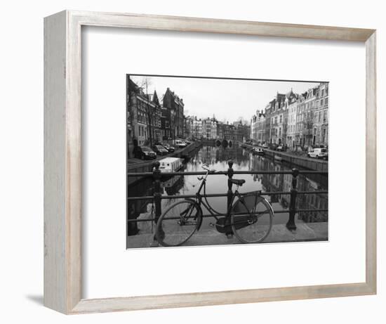 Black and White Imge of an Old Bicycle by the Singel Canal, Amsterdam, Netherlands, Europe-Amanda Hall-Framed Photographic Print