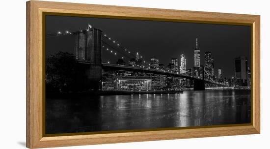 Black and white Manhattan skyline from Brooklyn Bridge park with reflection in the East River-David Chang-Framed Premier Image Canvas