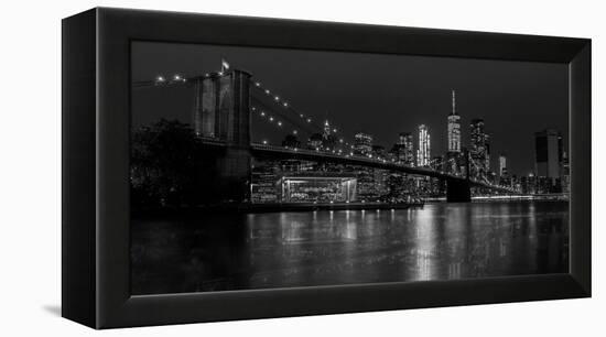 Black and white Manhattan skyline from Brooklyn Bridge park with reflection in the East River-David Chang-Framed Premier Image Canvas