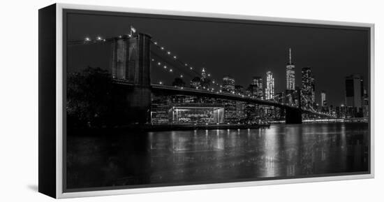Black and white Manhattan skyline from Brooklyn Bridge park with reflection in the East River-David Chang-Framed Premier Image Canvas