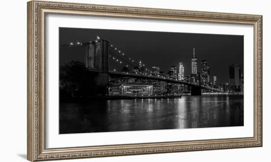 Black and white Manhattan skyline from Brooklyn Bridge park with reflection in the East River-David Chang-Framed Photographic Print