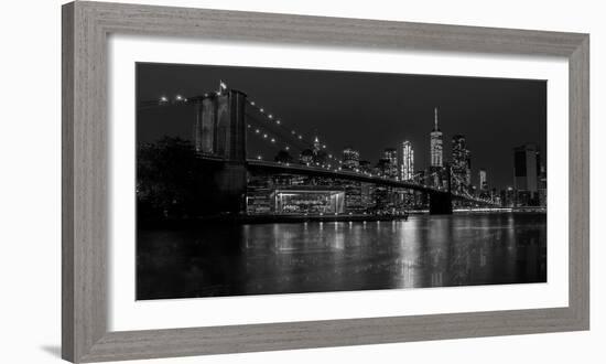 Black and white Manhattan skyline from Brooklyn Bridge park with reflection in the East River-David Chang-Framed Photographic Print