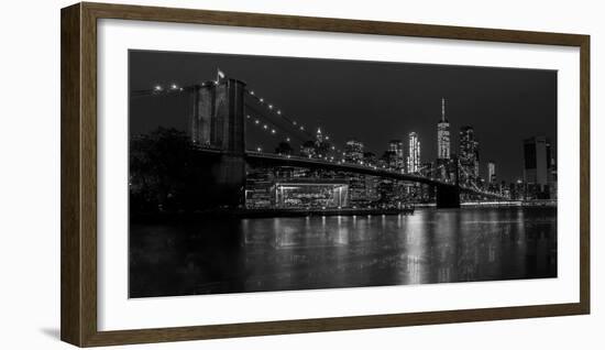 Black and white Manhattan skyline from Brooklyn Bridge park with reflection in the East River-David Chang-Framed Photographic Print