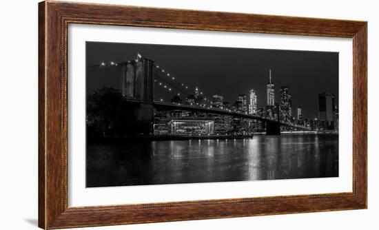 Black and white Manhattan skyline from Brooklyn Bridge park with reflection in the East River-David Chang-Framed Photographic Print