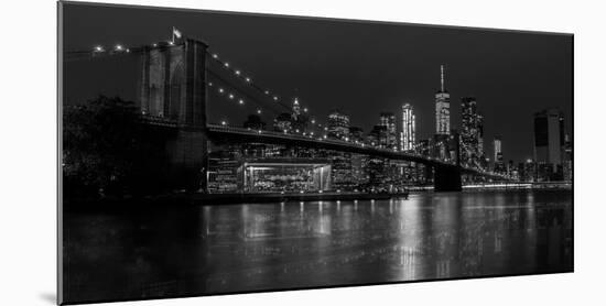 Black and white Manhattan skyline from Brooklyn Bridge park with reflection in the East River-David Chang-Mounted Photographic Print