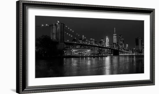 Black and white Manhattan skyline from Brooklyn Bridge park with reflection in the East River-David Chang-Framed Photographic Print