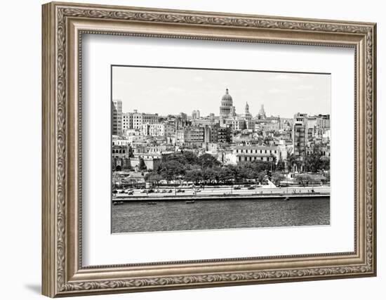 Black and White Panorama of Old Havana with Some Famous Buildings including the Capitol and the Bay-Kamira-Framed Photographic Print