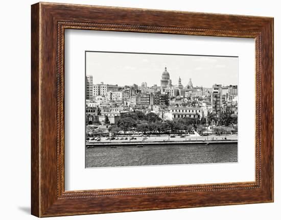 Black and White Panorama of Old Havana with Some Famous Buildings including the Capitol and the Bay-Kamira-Framed Photographic Print