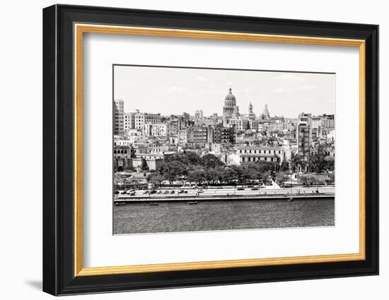 Black and White Panorama of Old Havana with Some Famous Buildings including the Capitol and the Bay-Kamira-Framed Photographic Print