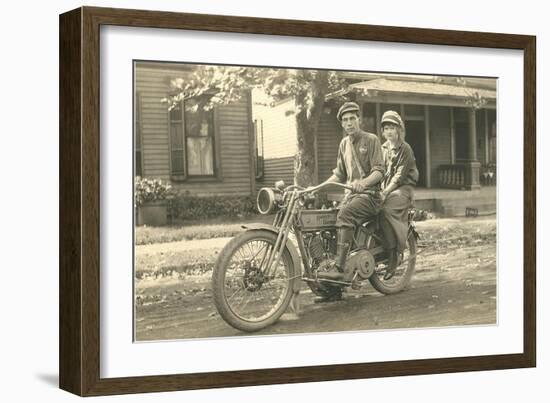Black and White Photo of Couple on Motorcycle-null-Framed Art Print