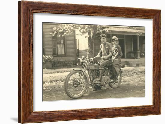 Black and White Photo of Couple on Motorcycle-null-Framed Art Print