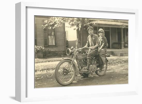 Black and White Photo of Couple on Motorcycle-null-Framed Art Print