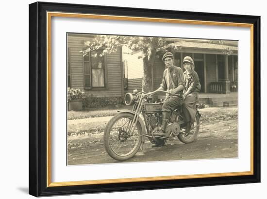 Black and White Photo of Couple on Motorcycle-null-Framed Art Print