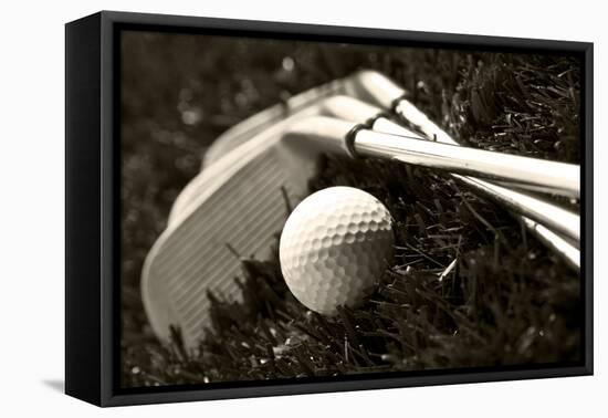 Black And White Photo Of Golf Clubs And A Golf Ball In Low Light For Contrast-tish1-Framed Premier Image Canvas