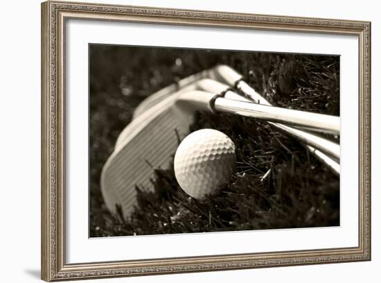 Black And White Photo Of Golf Clubs And A Golf Ball In Low Light For Contrast-tish1-Framed Photographic Print