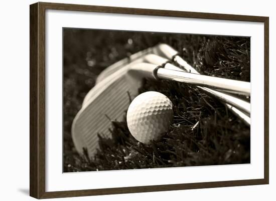 Black And White Photo Of Golf Clubs And A Golf Ball In Low Light For Contrast-tish1-Framed Photographic Print