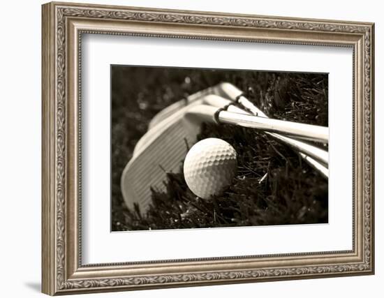 Black And White Photo Of Golf Clubs And A Golf Ball In Low Light For Contrast-tish1-Framed Photographic Print