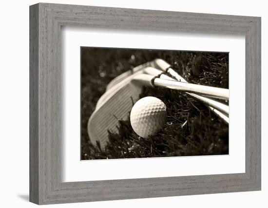 Black And White Photo Of Golf Clubs And A Golf Ball In Low Light For Contrast-tish1-Framed Photographic Print