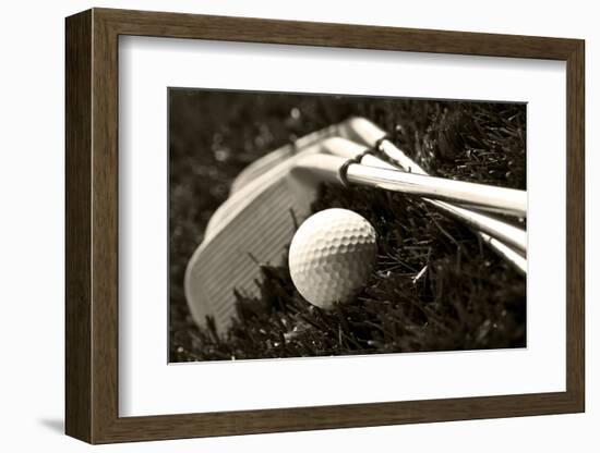 Black And White Photo Of Golf Clubs And A Golf Ball In Low Light For Contrast-tish1-Framed Photographic Print