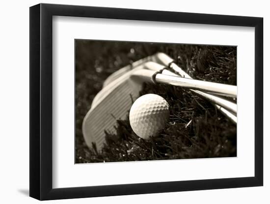 Black And White Photo Of Golf Clubs And A Golf Ball In Low Light For Contrast-tish1-Framed Photographic Print