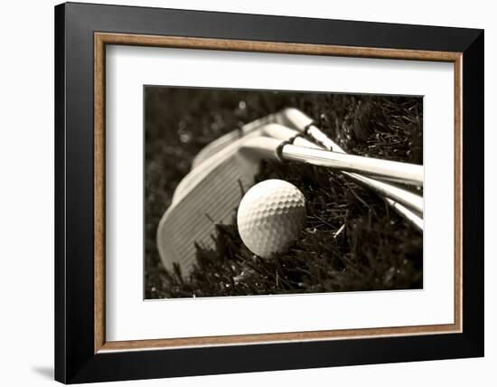 Black And White Photo Of Golf Clubs And A Golf Ball In Low Light For Contrast-tish1-Framed Photographic Print