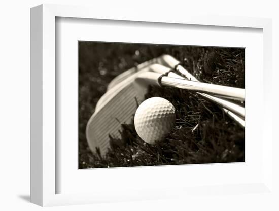 Black And White Photo Of Golf Clubs And A Golf Ball In Low Light For Contrast-tish1-Framed Photographic Print