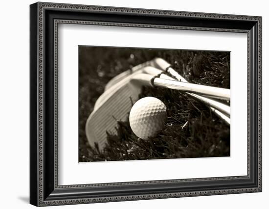 Black And White Photo Of Golf Clubs And A Golf Ball In Low Light For Contrast-tish1-Framed Photographic Print