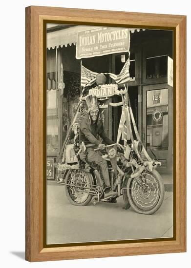 Black and White Photo of Man Dressed as Indian on Motorcycle-null-Framed Stretched Canvas