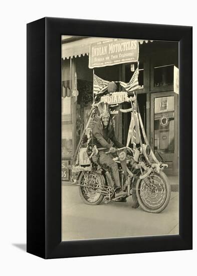 Black and White Photo of Man Dressed as Indian on Motorcycle-null-Framed Stretched Canvas