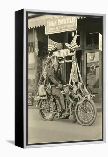 Black and White Photo of Man Dressed as Indian on Motorcycle-null-Framed Stretched Canvas