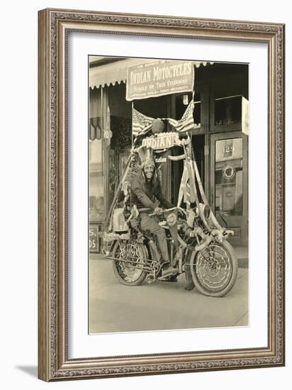 Black and White Photo of Man Dressed as Indian on Motorcycle-null-Framed Art Print