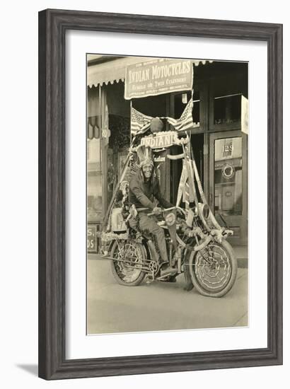 Black and White Photo of Man Dressed as Indian on Motorcycle-null-Framed Art Print