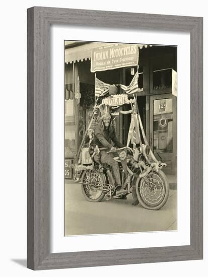 Black and White Photo of Man Dressed as Indian on Motorcycle-null-Framed Art Print