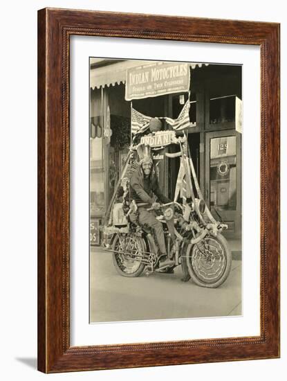 Black and White Photo of Man Dressed as Indian on Motorcycle-null-Framed Art Print