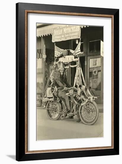 Black and White Photo of Man Dressed as Indian on Motorcycle-null-Framed Art Print