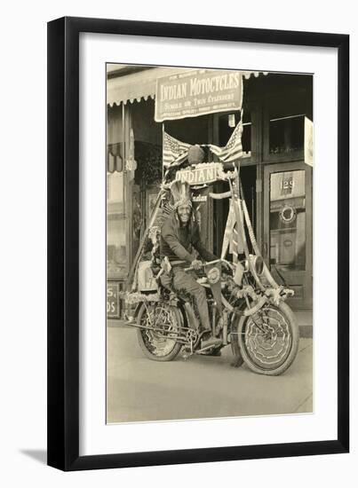 Black and White Photo of Man Dressed as Indian on Motorcycle-null-Framed Art Print